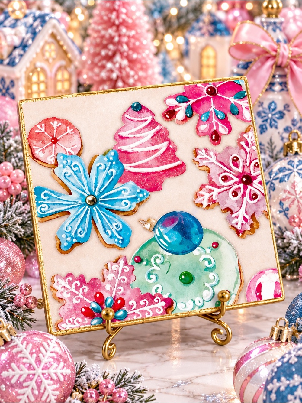 Hand Crafted Christmas Cookies Decorative Coaster Stone 4” pink